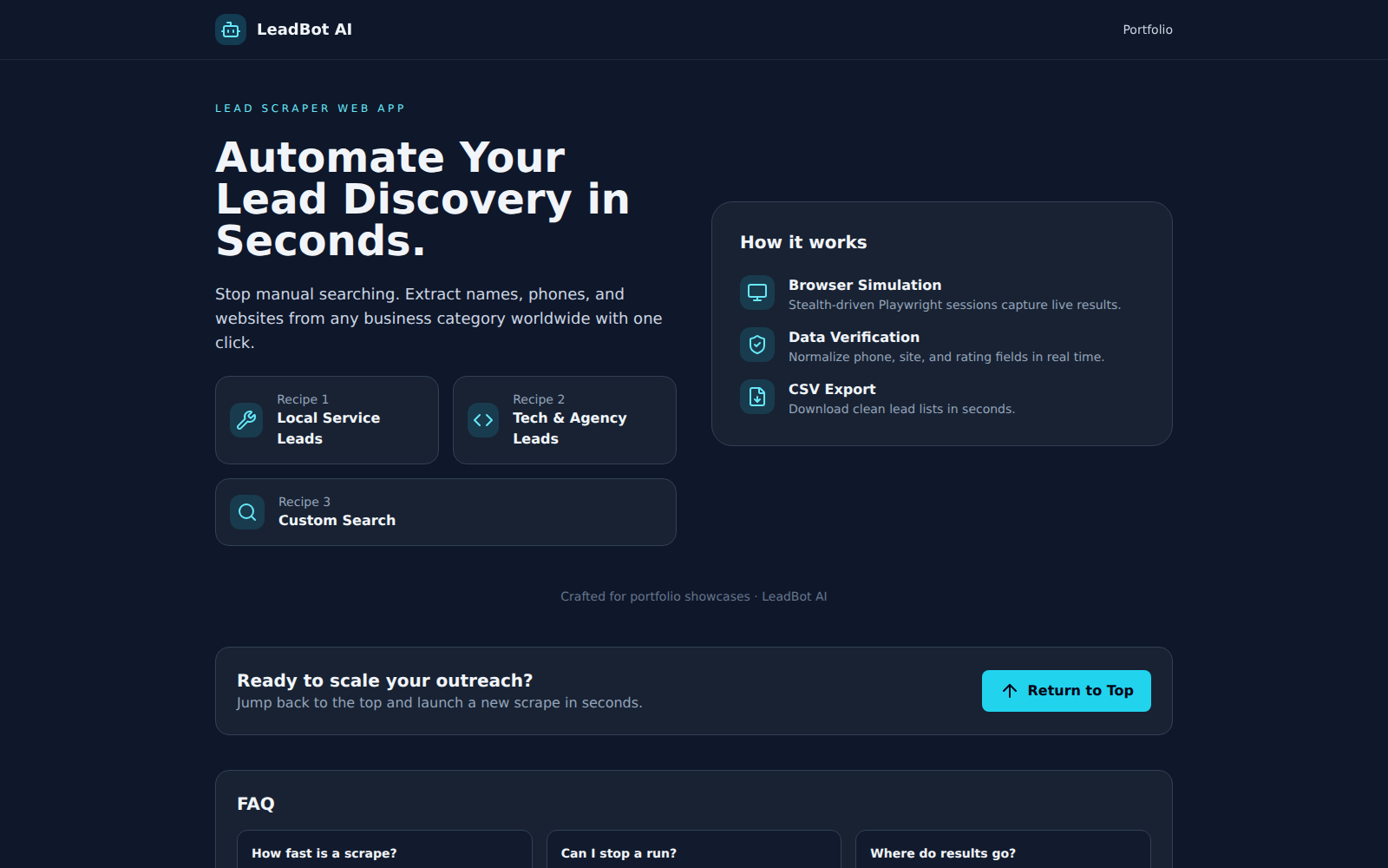 LeadBot landing overview